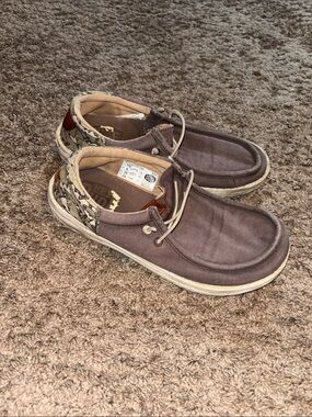 Hey Dude Kids Gray Canvas Slip-On Loafers with Patterned Heel Accents